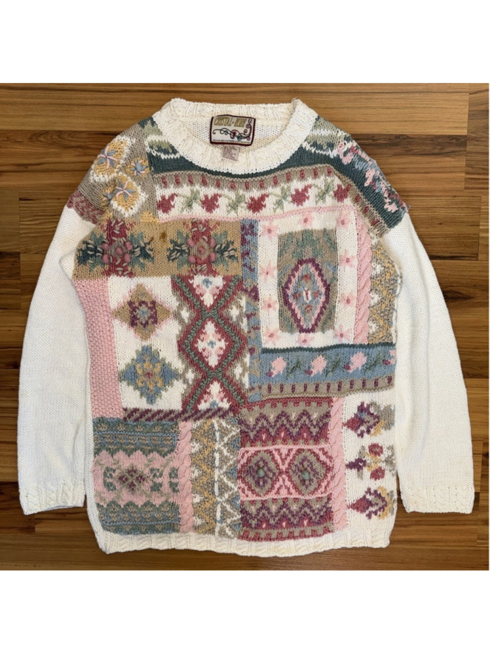 Vintage Crystal Kobe Patchwork Sweater L Grandmacore Cottagecore Floral Knit
